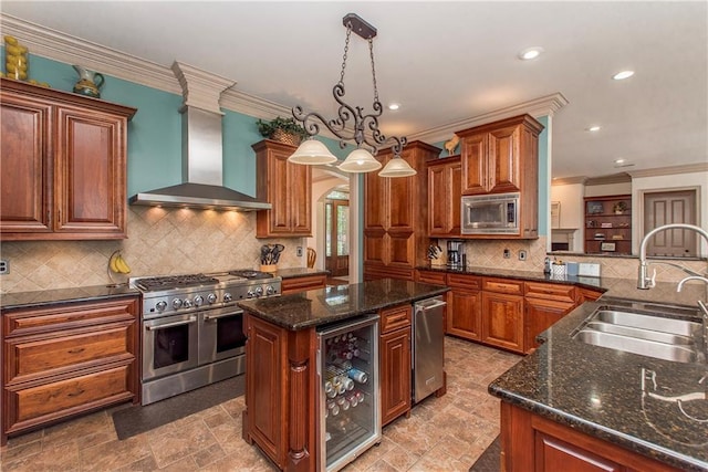 14208 W Hoffman Rd, Hammond, LA 70403 - kitchen with wine cooler, wall chimney range hood, recessed lighting, a sink, and stainless steel appliances