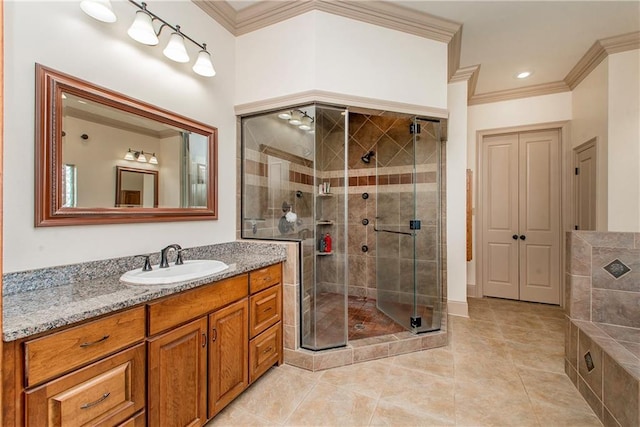 14208 W Hoffman Rd, Hammond, LA 70403 - bathroom featuring crown molding, vanity, a shower stall, and tile patterned floors