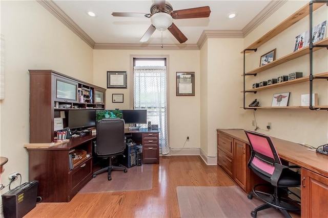 14208 W Hoffman Rd, Hammond, LA 70403 - office featuring baseboards, a ceiling fan, light wood-style flooring, and ornamental molding