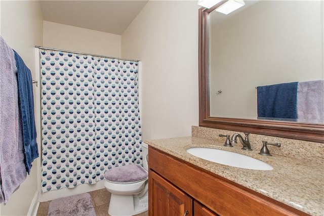 14208 W Hoffman Rd, Hammond, LA 70403 - bathroom featuring vanity, tile patterned floors, curtained shower, and toilet