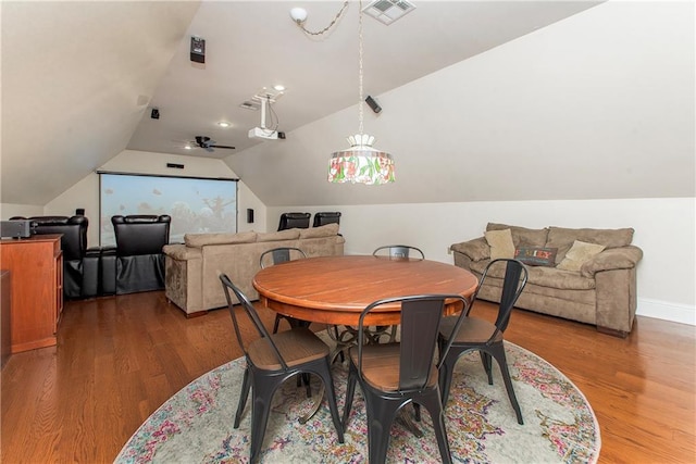 14208 W Hoffman Rd, Hammond, LA 70403 - dining room featuring ceiling fan, lofted ceiling, wood finished floors, and visible vents