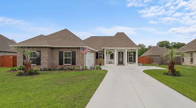 french country home featuring brick siding, fence, a front lawn, concrete driveway, and an attached garage
