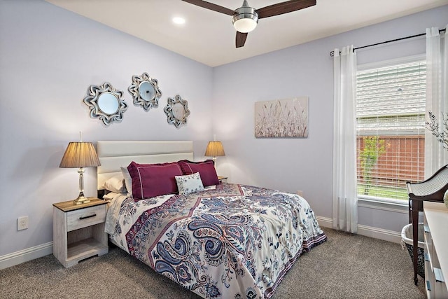 carpeted bedroom with baseboards, a ceiling fan, and recessed lighting