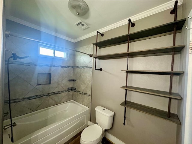 full bathroom with visible vents, crown molding, toilet, baseboards, and washtub / shower combination