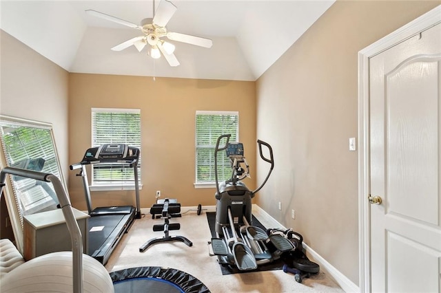 1045 Whitetail Dr, Mandeville, LA 70448 - workout room with vaulted ceiling, ceiling fan, carpet flooring, and baseboards