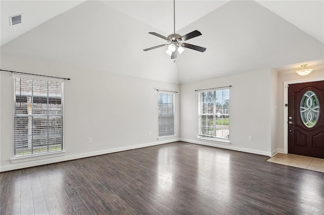 70363 10th St, Covington, LA 70433 - interior space with high vaulted ceiling, ceiling fan, wood finished floors, and visible vents