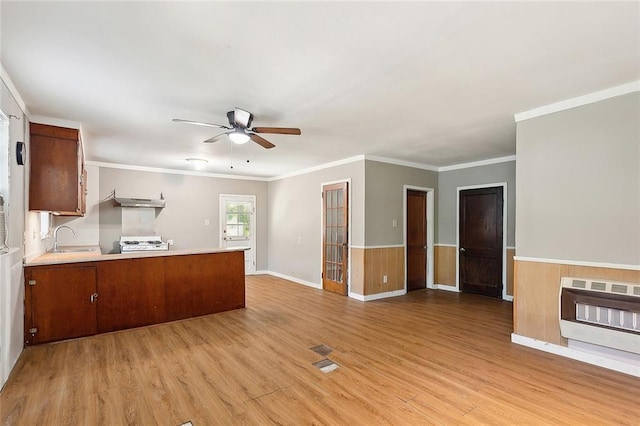 58420 Lynn Rd, Slidell, LA 70460 - unfurnished living room with heating unit, a sink, light wood-type flooring, a ceiling fan, and wainscoting