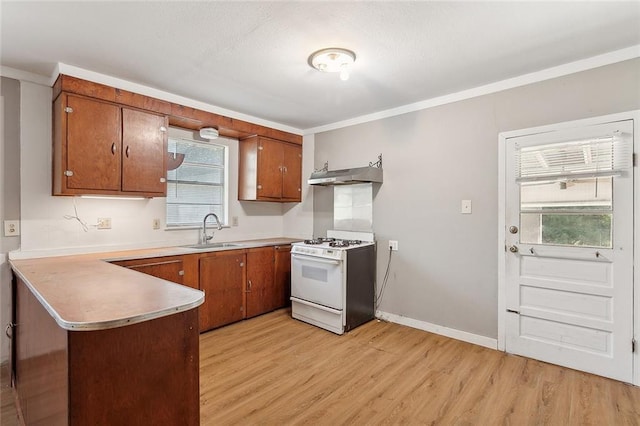 58420 Lynn Rd, Slidell, LA 70460 - kitchen with white range with gas stovetop, a sink, under cabinet range hood, light wood finished floors, and brown cabinetry
