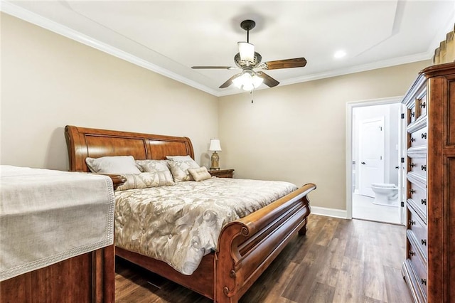 bedroom featuring baseboards, a ceiling fan, crown molding, and dark wood-style floors