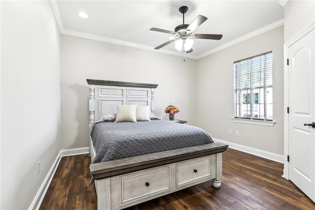 bedroom with crown molding, ceiling fan, recessed lighting, baseboards, and dark wood-style floors