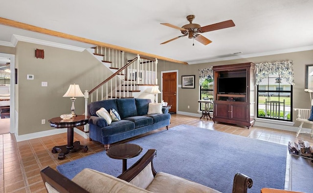 155 Greencrest Dr, Slidell, LA 70458 - tiled living area with a healthy amount of sunlight, baseboards, ceiling fan, and stairway