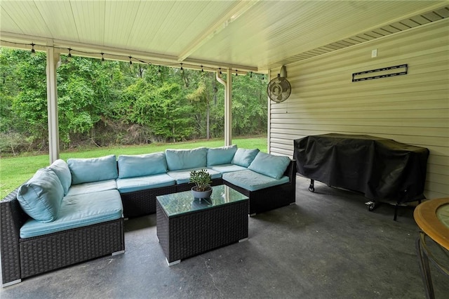 view of patio featuring a grill and outdoor lounge area