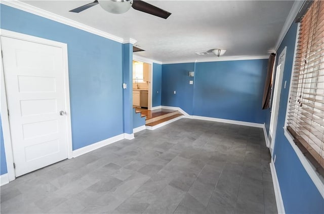 3220 48th St, Metairie, LA 70001 - empty room with a sink, baseboards, ceiling fan, and ornamental molding