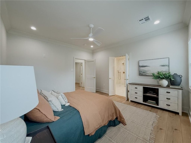 2412 Mississippi Ave, Metairie, LA 70003 - bedroom featuring light wood-style flooring, recessed lighting, connected bathroom, ornamental molding, and a ceiling fan