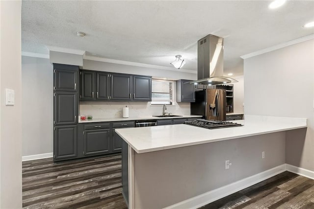 kitchen featuring appliances with stainless steel finishes, a sink, dark wood finished floors, a peninsula, and island range hood