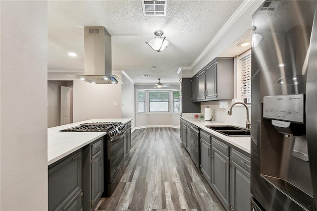 kitchen with a sink, gray cabinets, stainless steel appliances, island exhaust hood, and ornamental molding