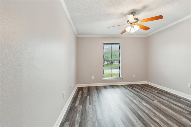 unfurnished room featuring a textured ceiling, dark wood finished floors, ornamental molding, and ceiling fan