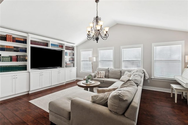 living room featuring baseboards, lofted ceiling, dark wood-style flooring, and a notable chandelier