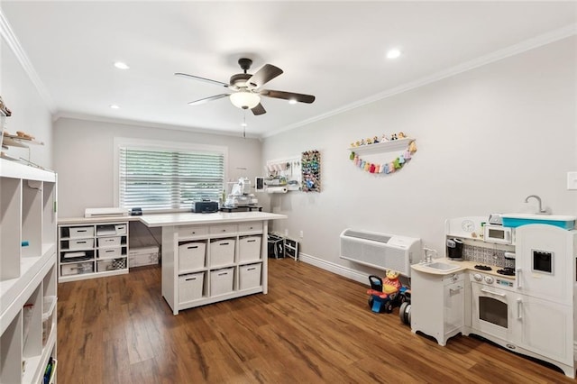 kitchen featuring crown molding, ceiling fan, dark wood-style floors, and light countertops