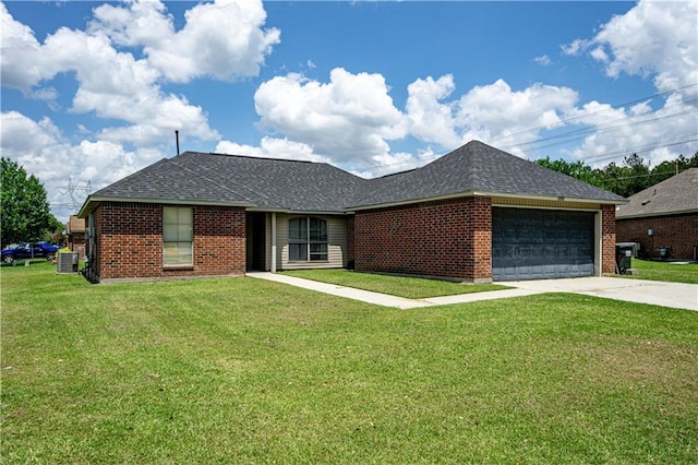 11257 Abbey Ln, Denham Springs, LA 70726 - ranch-style house with roof with shingles, an attached garage, a front lawn, and brick siding