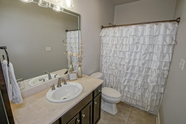 full bath with tile patterned floors, vanity, toilet, and a shower with shower curtain