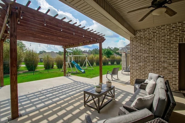 view of patio / terrace featuring a pergola, a fenced backyard, an outdoor hangout area, a ceiling fan, and a playground