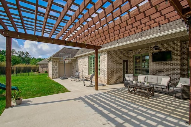 view of patio / terrace featuring a pergola, fence, a ceiling fan, and outdoor lounge area