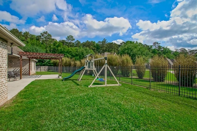 view of play area with fence, a pergola, a yard, and a patio area