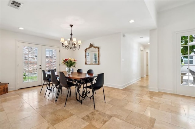 6565 Milne Blvd, New Orleans, LA 70124 - dining area with a chandelier, baseboards, recessed lighting, and french doors
