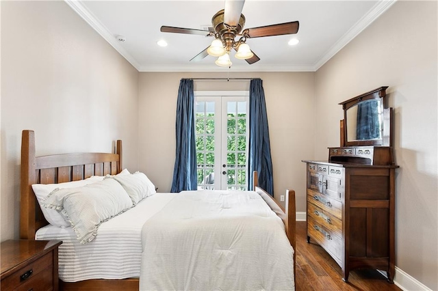 bedroom featuring baseboards, ornamental molding, dark wood-style flooring, and recessed lighting