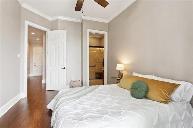 bedroom with wood finished floors, baseboards, connected bathroom, ornamental molding, and recessed lighting
