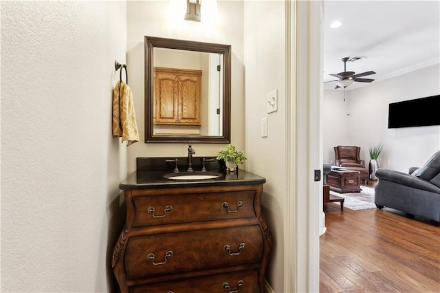bathroom featuring vanity, a ceiling fan, and wood finished floors