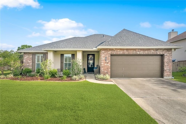 ranch-style home with driveway, a front yard, brick siding, an attached garage, and a shingled roof
