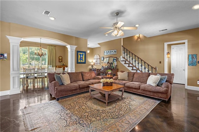 364 Winchester Cir, Mandeville, LA 70448 - living area with ornate columns, baseboards, visible vents, and arched walkways