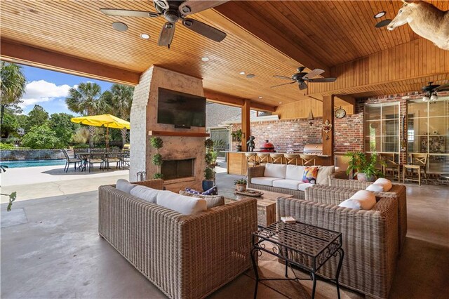 364 Winchester Cir, Mandeville, LA 70448 - view of patio / terrace featuring ceiling fan, a grill, outdoor dining area, an outdoor pool, and an outdoor living space with a fireplace