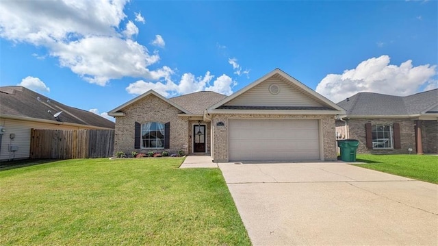 ranch-style home featuring a garage, a front lawn, fence, and concrete driveway