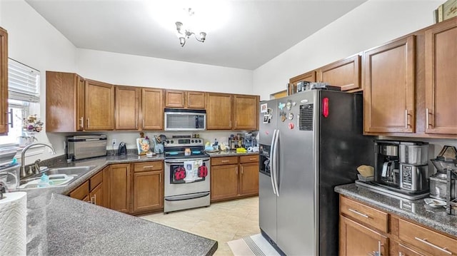 kitchen with brown cabinetry, a sink, appliances with stainless steel finishes, and dark countertops