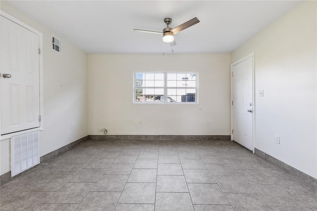 unfurnished room with ceiling fan, visible vents, and baseboards