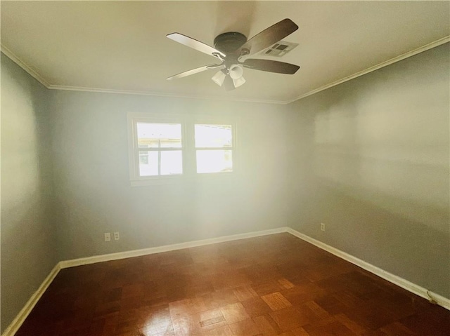 unfurnished room featuring ceiling fan, visible vents, ornamental molding, and baseboards