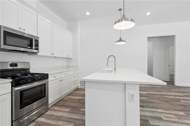 kitchen with light countertops, stainless steel appliances, a sink, and wood finished floors