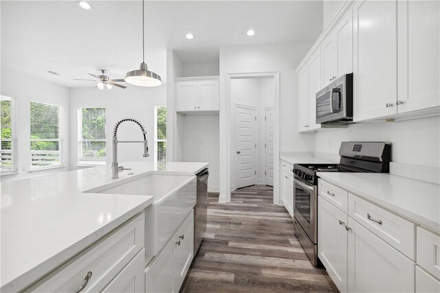 kitchen with recessed lighting, dark wood-type flooring, white cabinetry, a sink, and stainless steel appliances