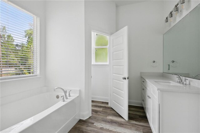 full bathroom with vanity, a wealth of natural light, a garden tub, and wood finished floors