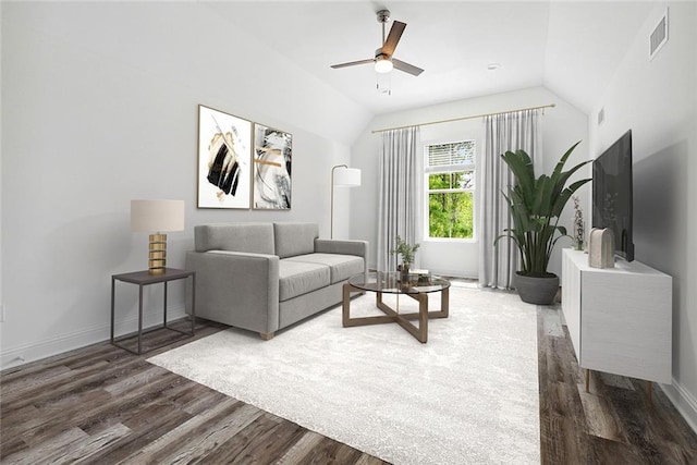 living area with ceiling fan, baseboards, wood finished floors, lofted ceiling, and visible vents