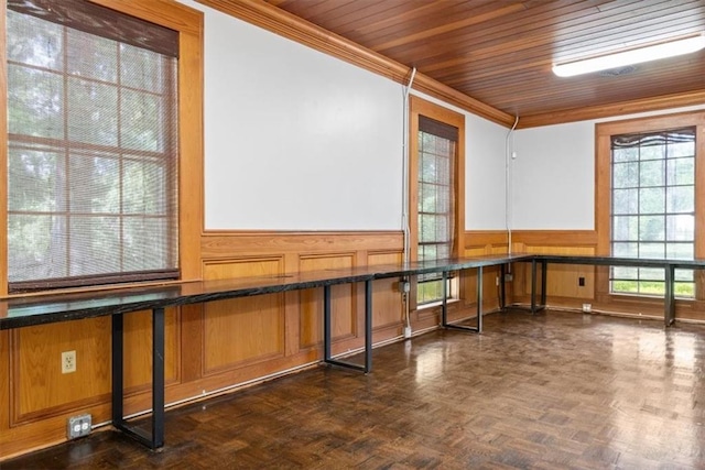 interior space featuring wood ceiling, ornamental molding, and wainscoting