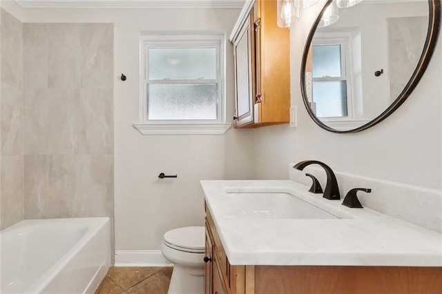 full bath with vanity, baseboards, toilet, and a wealth of natural light