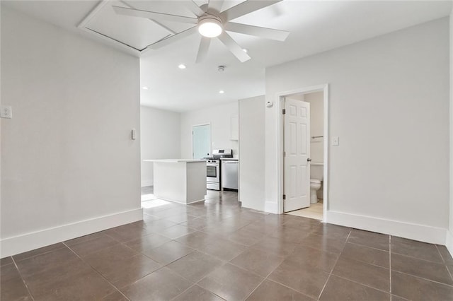 unfurnished living room with recessed lighting, baseboards, ceiling fan, and tile patterned flooring