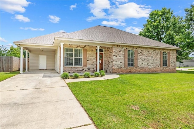 single story home with brick siding, a front lawn, fence, and driveway