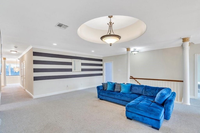 carpeted living area with recessed lighting, baseboards, ornate columns, visible vents, and ornamental molding