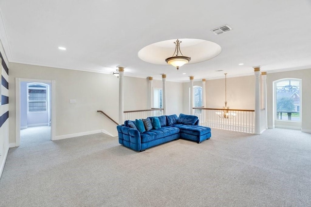 carpeted living area featuring crown molding, a chandelier, recessed lighting, baseboards, and visible vents
