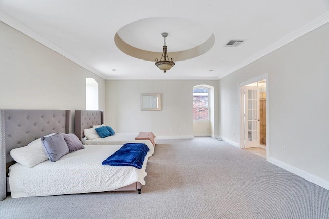 bedroom featuring carpet floors, arched walkways, crown molding, and visible vents